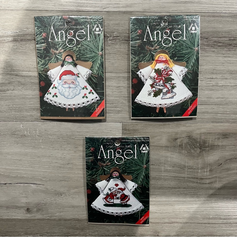 NWT Set of 3 Counted Cross Stitch Holiday Clothespin Angel Kits
